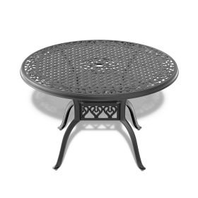 Ø47.24-inch Cast Aluminum Patio Dining Table with Black Frame and Umbrella Hole