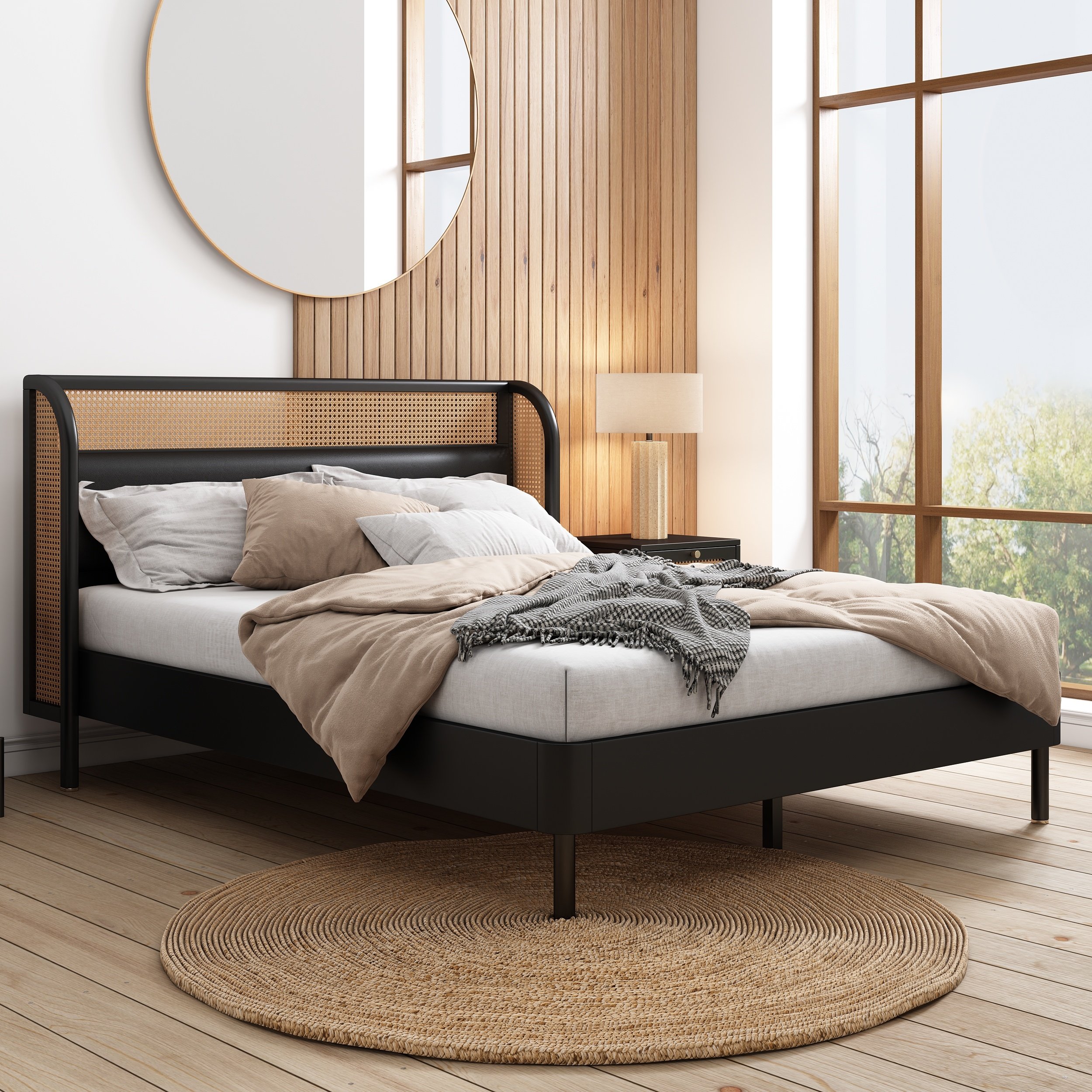Modern Cannage Rattan Wood Platform Queen Bed, Black Modern Cannage Rattan Wood Platform Queen Bed, Black