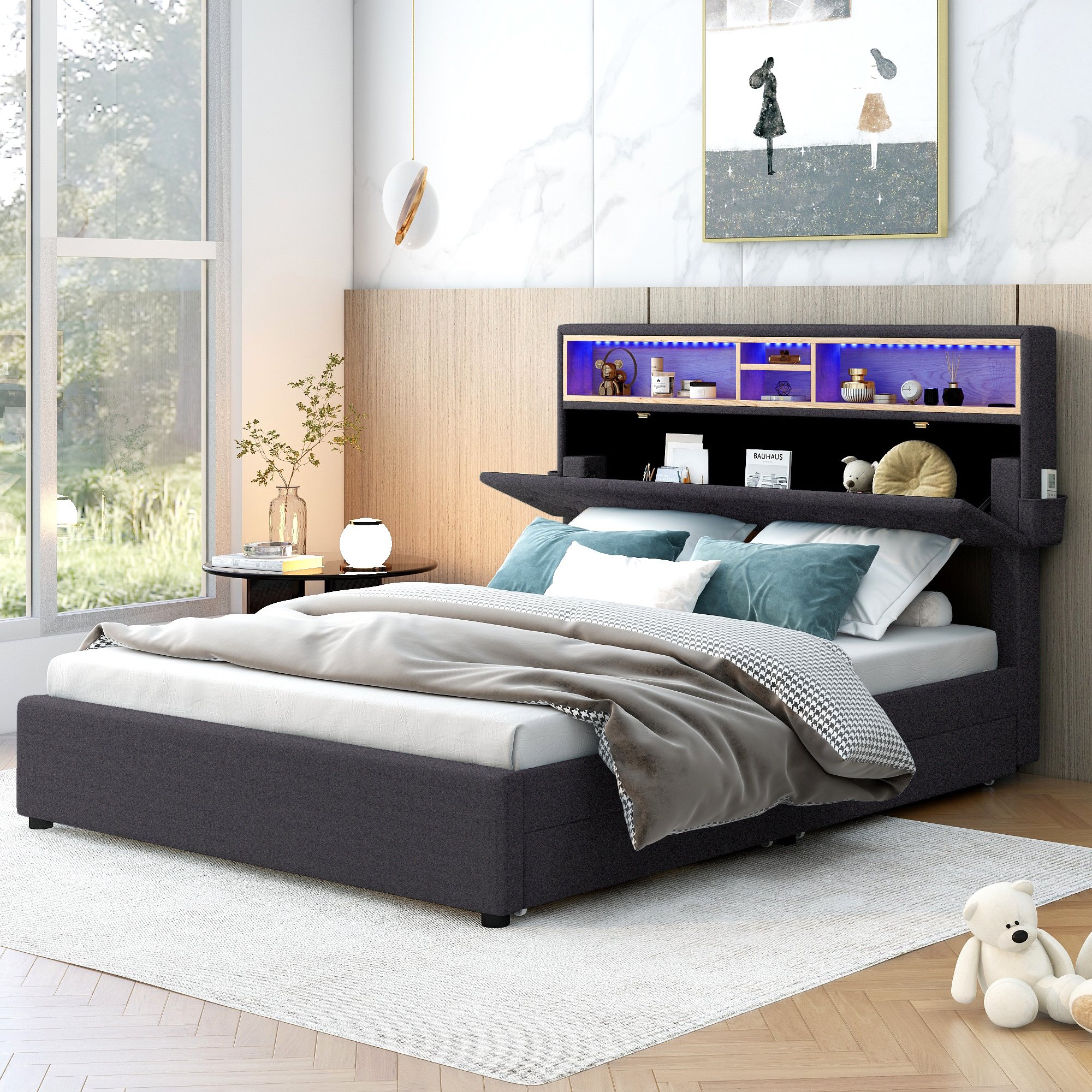 Full Size Upholstered Platform Bed with Storage Headboard, LED, USB Charging and 2 Drawers, Dark Gray Full Size Upholstered Platform Bed with Storage Headboard, LED, USB Charging and 2 Drawers, Dark Gray