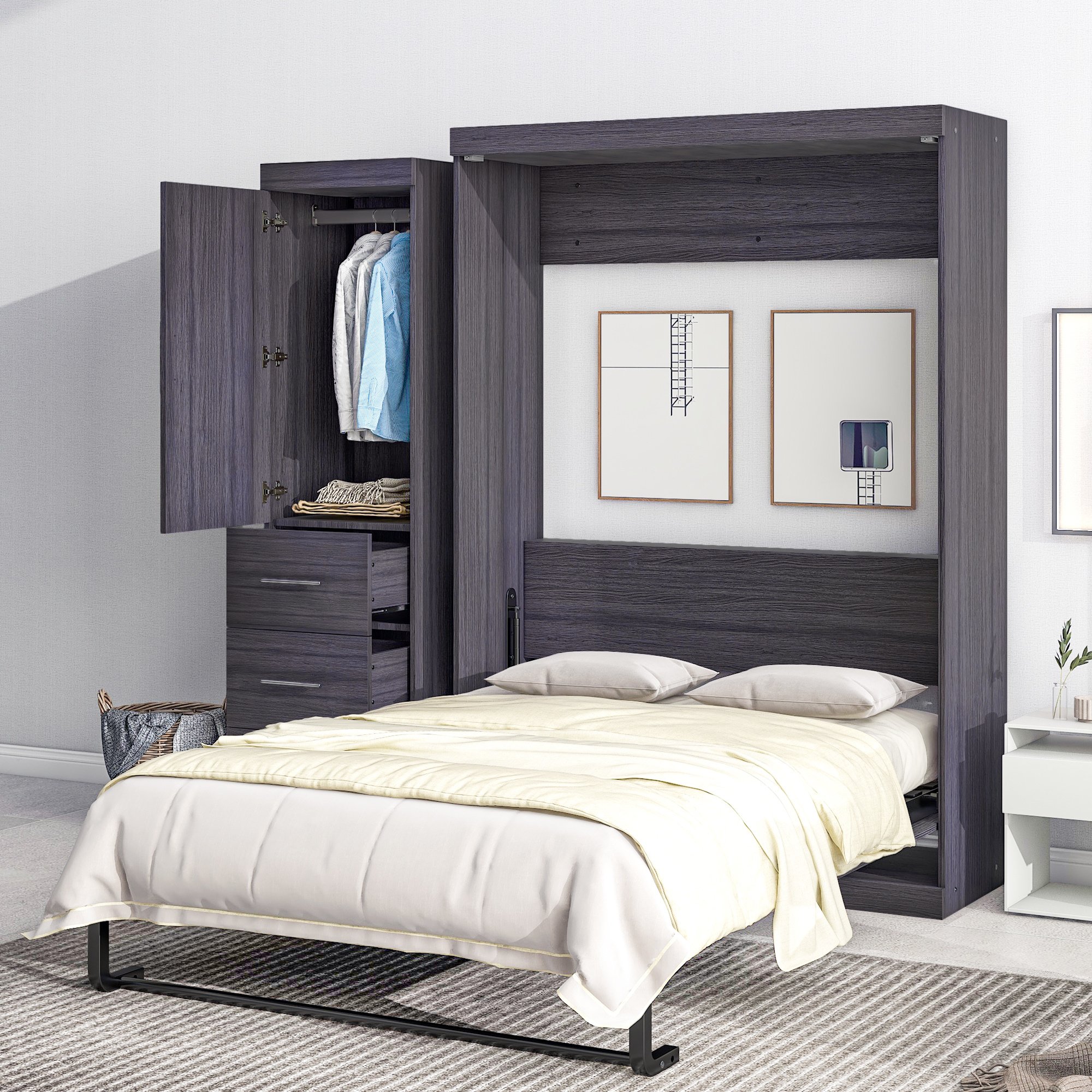 Full Size Murphy Bed with Wardrobe and Drawers, Storage Bed, can be Folded into a Cabinet, Gray Full Size Murphy Bed with Wardrobe and Drawers, Storage Bed, can be Folded into a Cabinet, Gray
