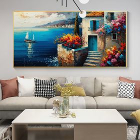 Hand Painted Oil Painting Original Seaside Seascape Oil Painting On Canvas Large Wall Art Abstract Blue Building Ocean Art Painting Custom Living room (Style: 1, size: 75x150cm)