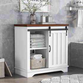 Bathroom Storage Cabinet, Freestanding Accent Cabinet, Sliding Barn Door, Thick Top, Adjustable Shelf, White and Brown (Color: as Pic)