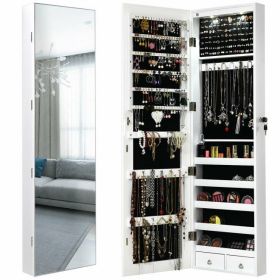 Wall and Door Mounted Mirrored Jewelry Cabinet with Lights (Color: White)