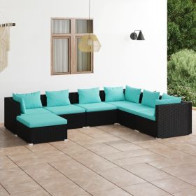 7 Piece Patio Lounge Set with Cushions Poly Rattan Black (Color: Black)