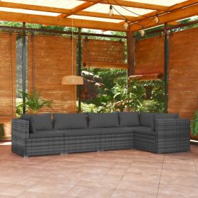 5 Piece Patio Lounge Set with Cushions Poly Rattan Gray (Color: Grey)